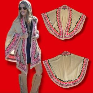 Anthropologie Fate Poncho Shawl Embroidered Knit Festival Boho Chic Tan Pink OS